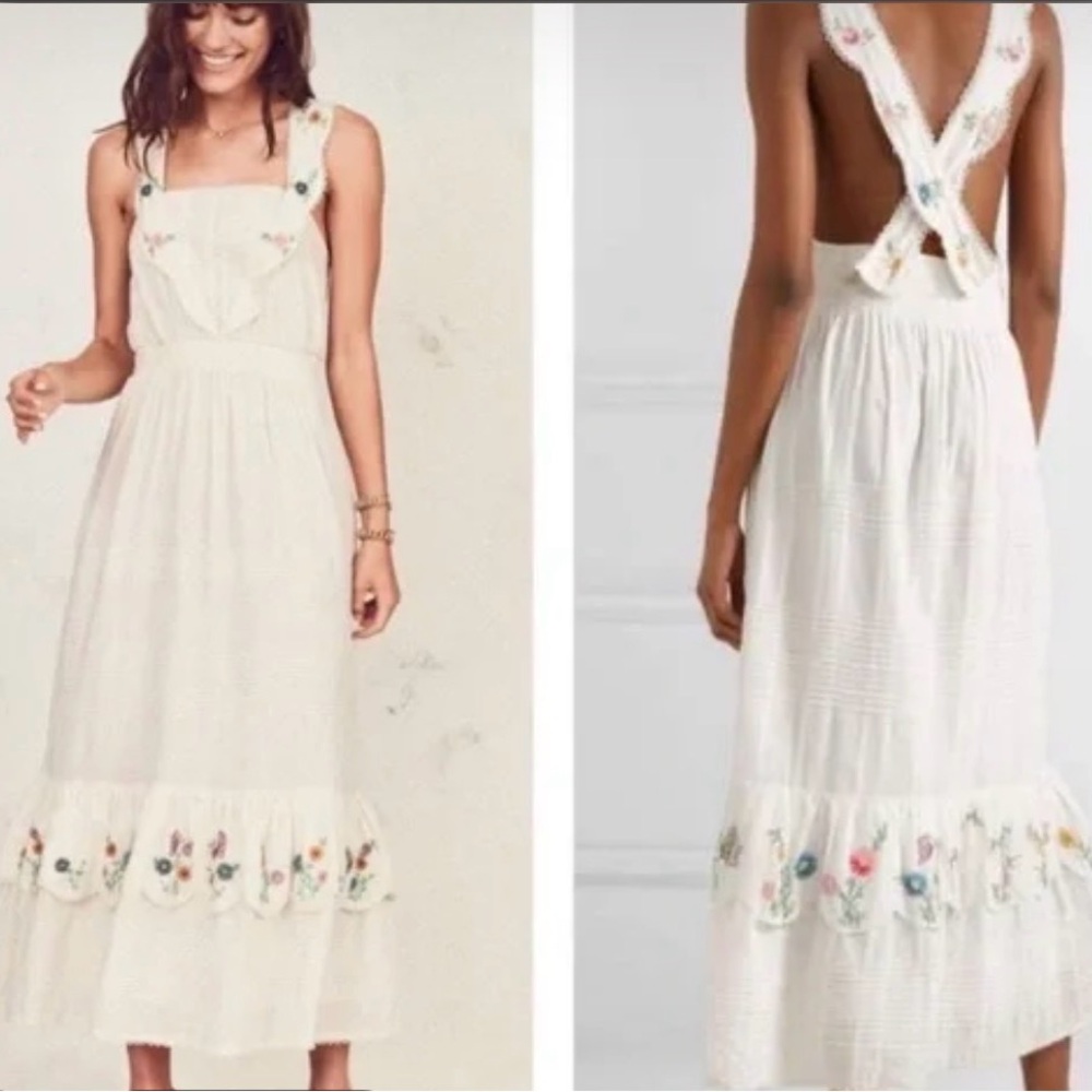 LoveShackFancy White Midi Dress with Floral Embroidery